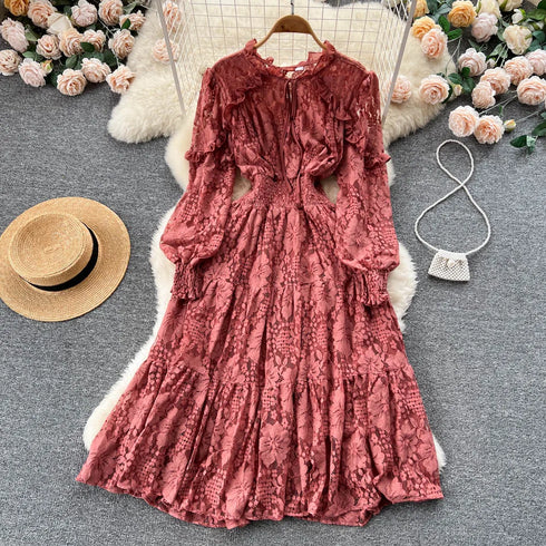 Elegant Jacquard Lace Dress for Women with Sweet Edible Tree Fungus Patchwork